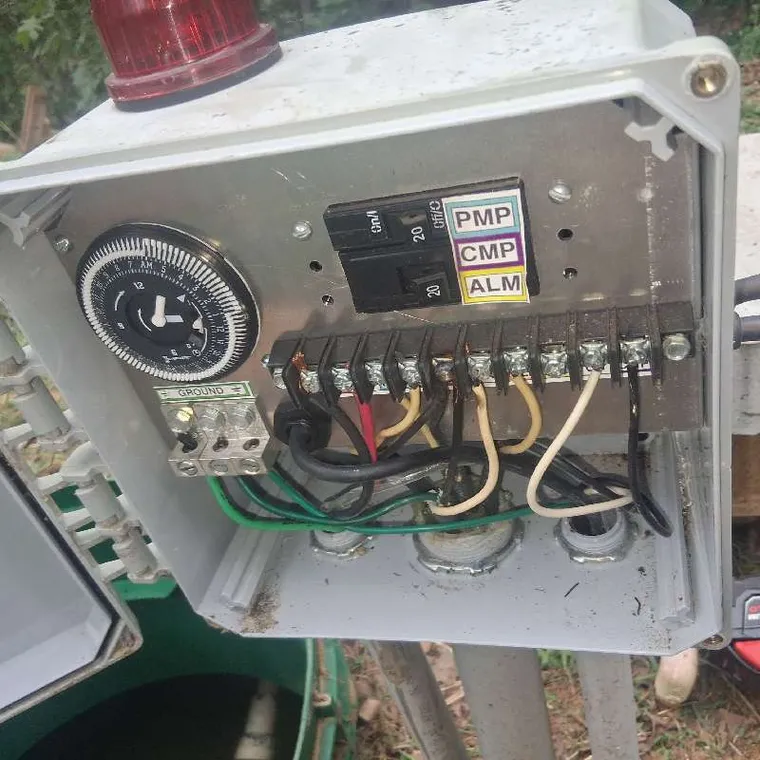 Aerobic septic control panel inspected during pump replacement service for a Muskogee-area customer
